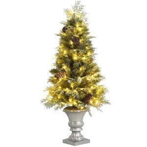 Costway 4ft Pre-lit Snowy Christmas Entrance Tree w/ 100 LED Lights & Pine Cones